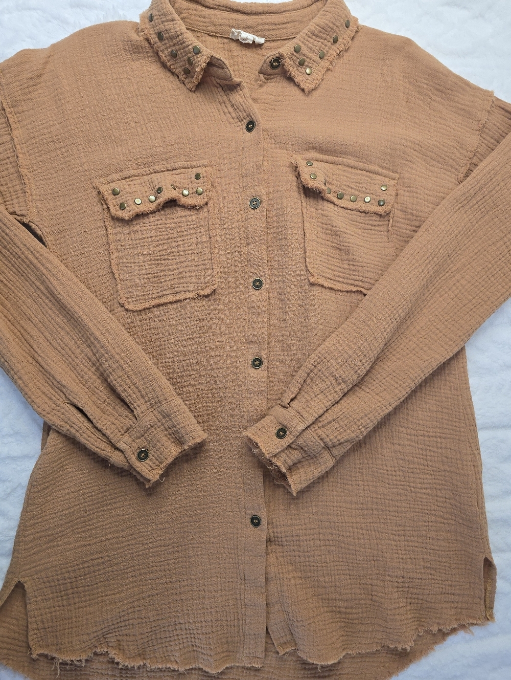 Hem & Thread Studded Button Up Shirt Tan Cotton Gauze Long Sleeve Raw Hem Boho S